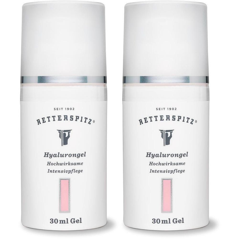 Zwei weiße Flaschen mit silbernen Rändern. Aufschrift: RETTERSPITZ Hyalurongel, 30 ml Gel. Rosa Rechteck.