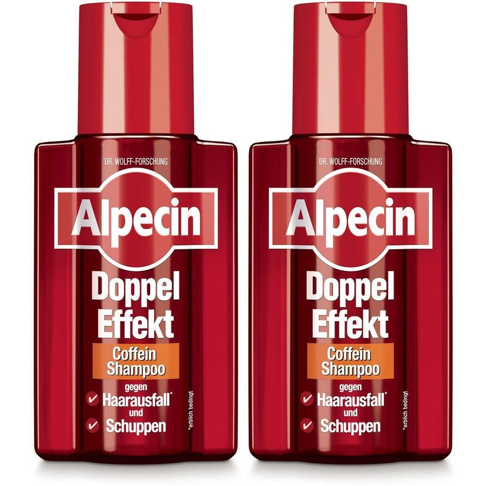 Zwei rote Flaschen Alpecin Doppel-Effekt Shampoo. Aufschrift: gegen Haarausfall und Schuppen.