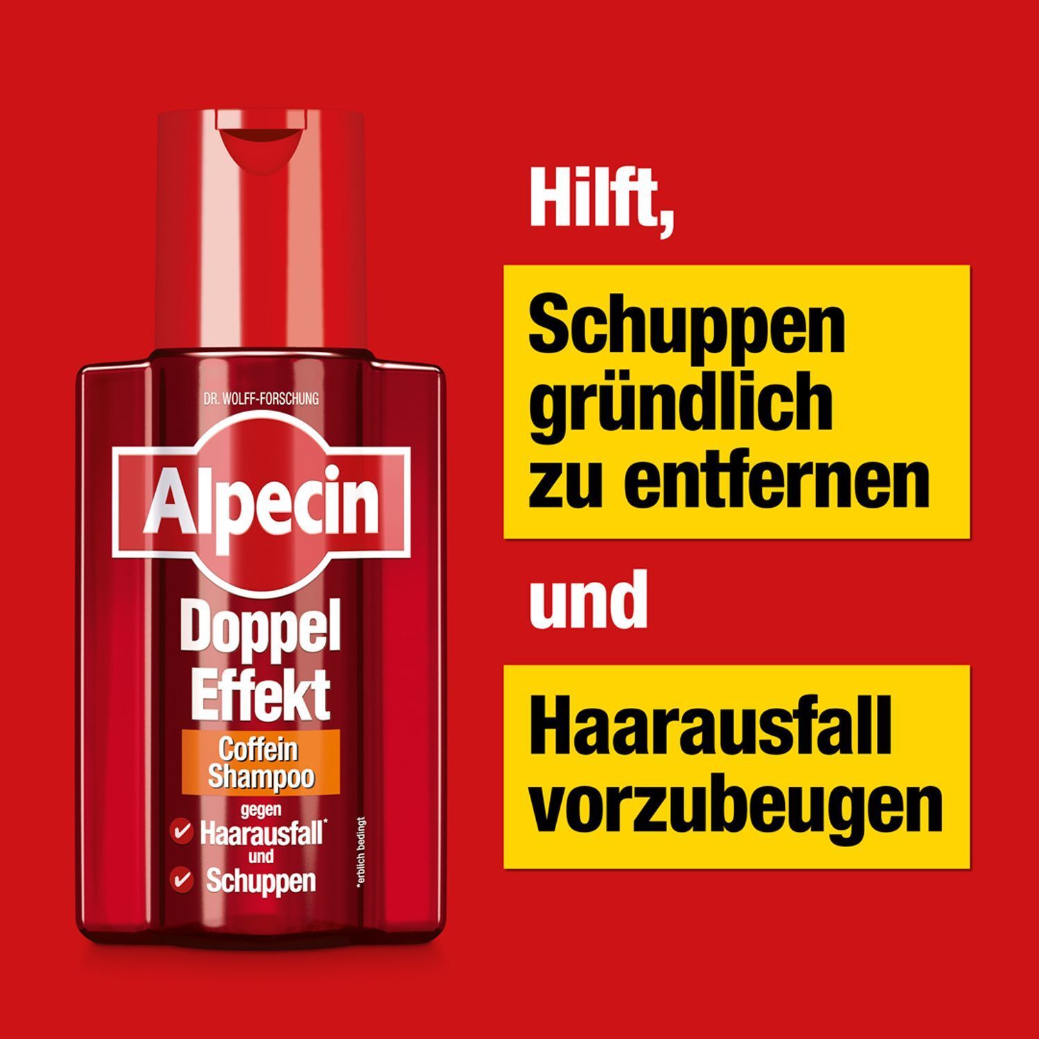 Eine Flasche Alpecin Doppel-Effekt Shampoo. Text: Hilft, Schuppen gründlich zu entfernen und Haarausfall vorzubeugen.