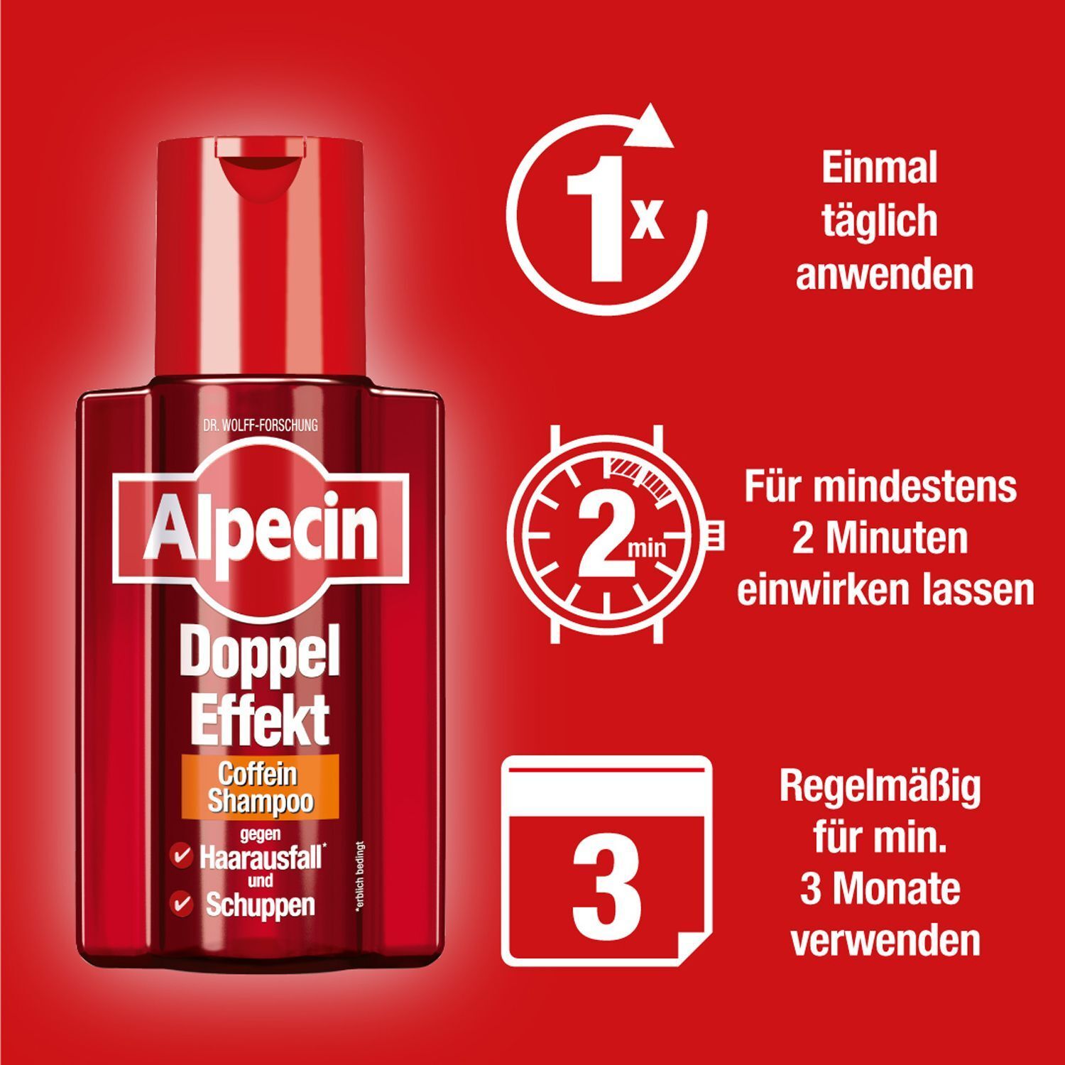 Flasche Alpecin Doppel-Effekt Shampoo mit Anwendungs-Hinweisen: 1x täglich, 2 Minuten einwirken lassen, 3 Monate verwenden.