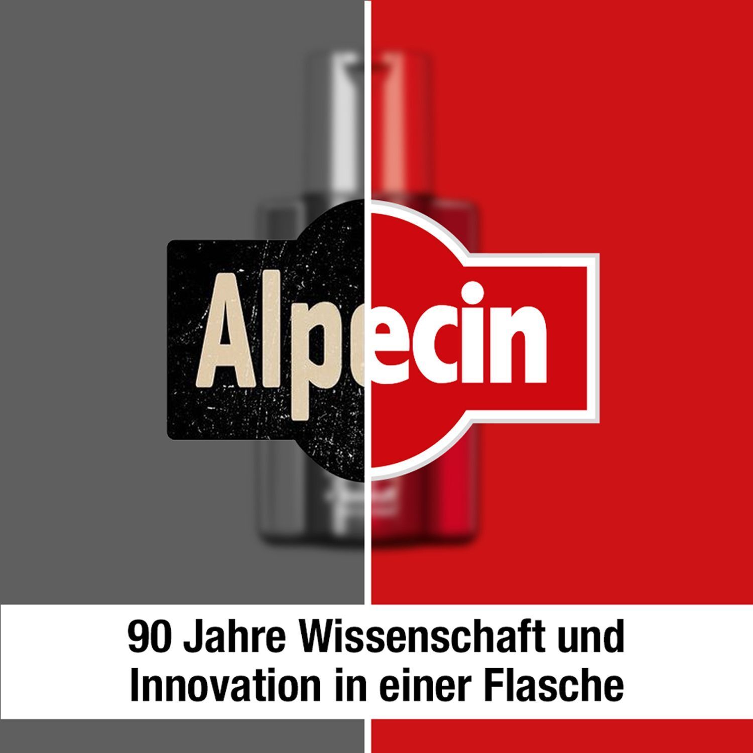 Halbe Flasche Alpecin Doppel-Effekt Shampoo. Text: 90 Jahre Wissenschaft und Innovation in einer Flasche.
