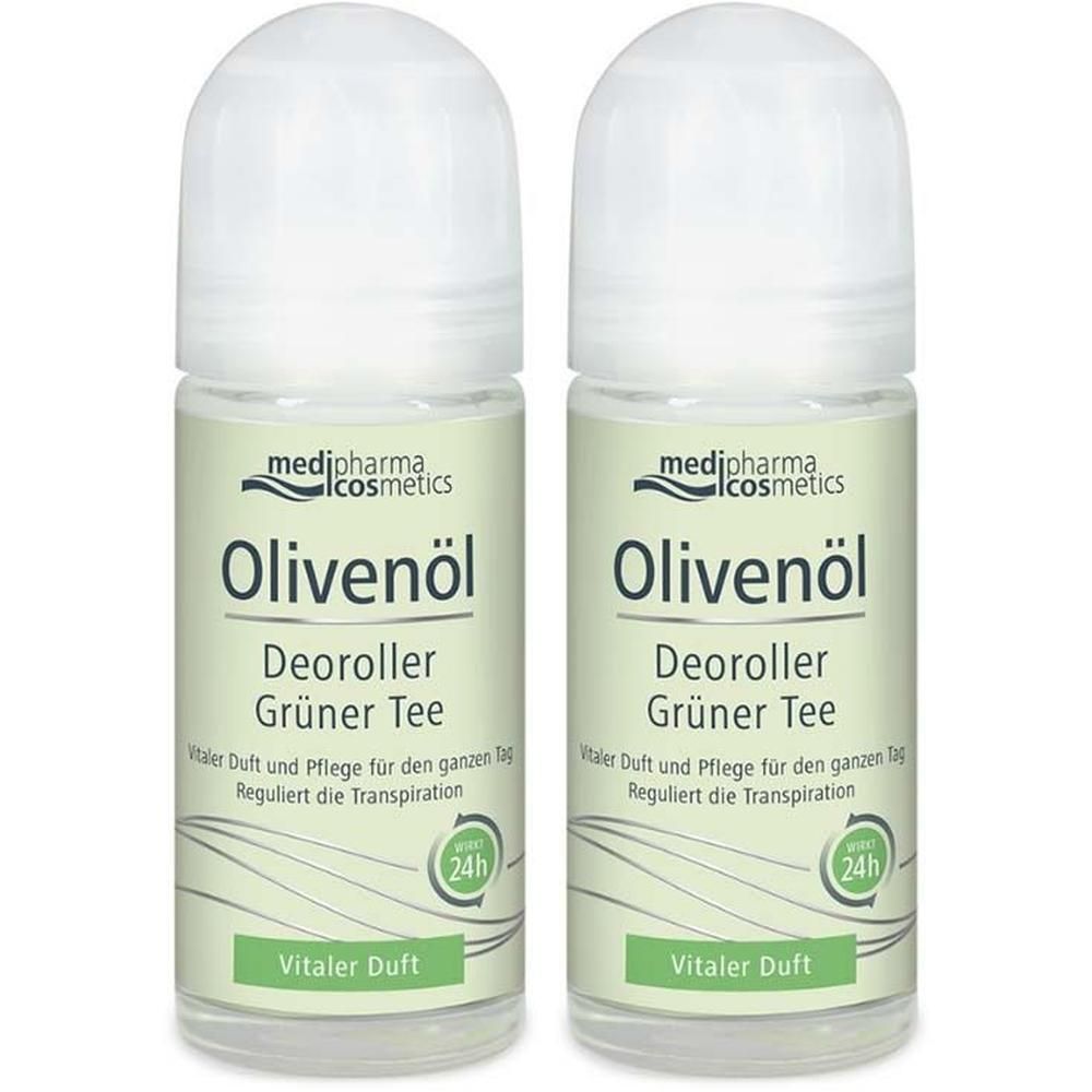 Zwei Deoroller mit weißem Deckel. Aufschrift: Olivenöl Deoroller Grüner Tee, medi pharma cosmetics. 24h-Siegel.