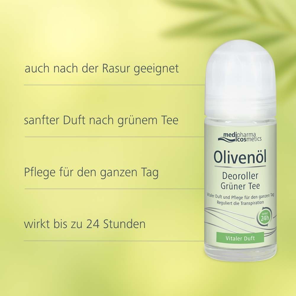Deoroller mit weißem Deckel. Aufschrift: Olivenöl Deoroller Grüner Tee, medi pharma cosmetics. Text: auch nach der Rasur geeignet, sanfter Duft, wirkt bis 24 Stunden.
