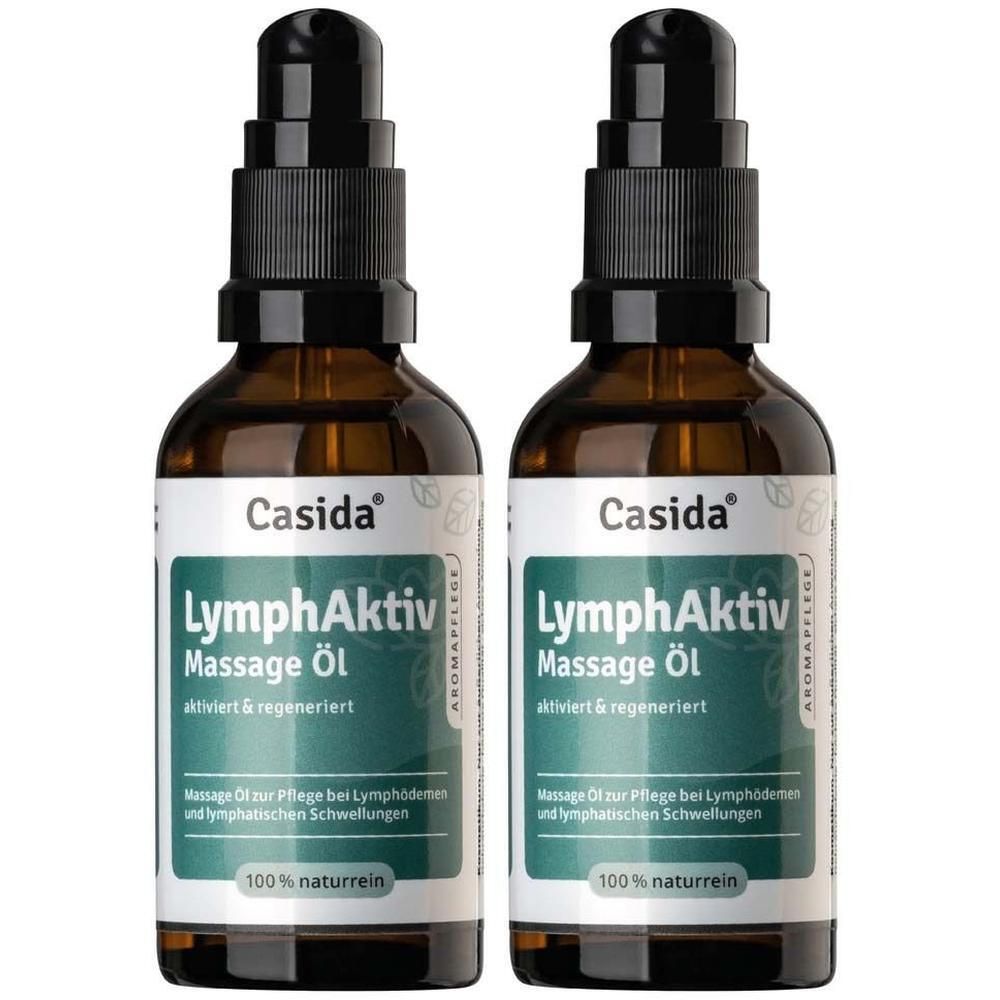 Zwei braune Glasflaschen mit schwarzem Sprühkopf. Aufkleber mit Produktnamen und Marke Casida® LymphAktiv Massage Öl.