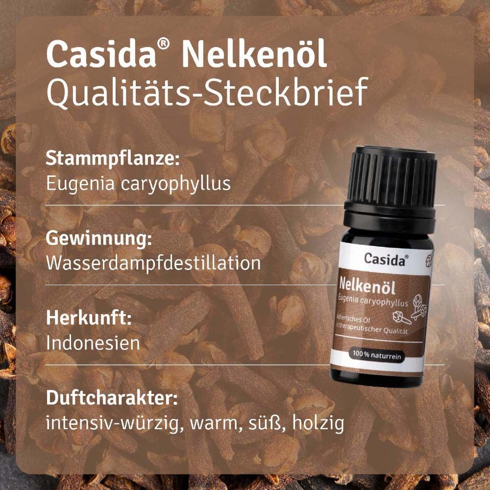 Casida® Nelkenöl Flasche neben Text. Text: Stammpflanze: Eugenia caryophyllus, Gewinnung: Wasserdampfdestillation.