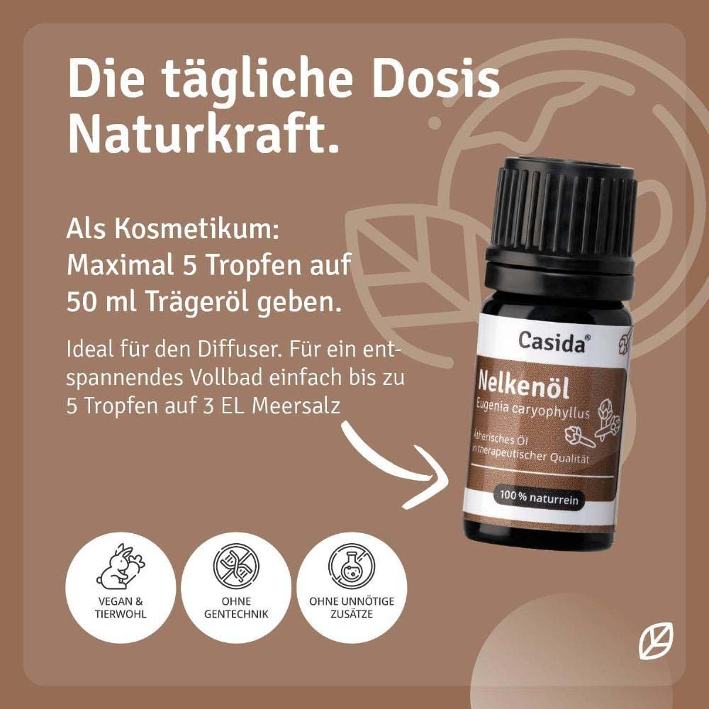 Flasche Casida® Nelkenöl neben Text. Text: Als Kosmetikum: Maximal 5 Tropfen auf 50 ml Trägeröl geben.