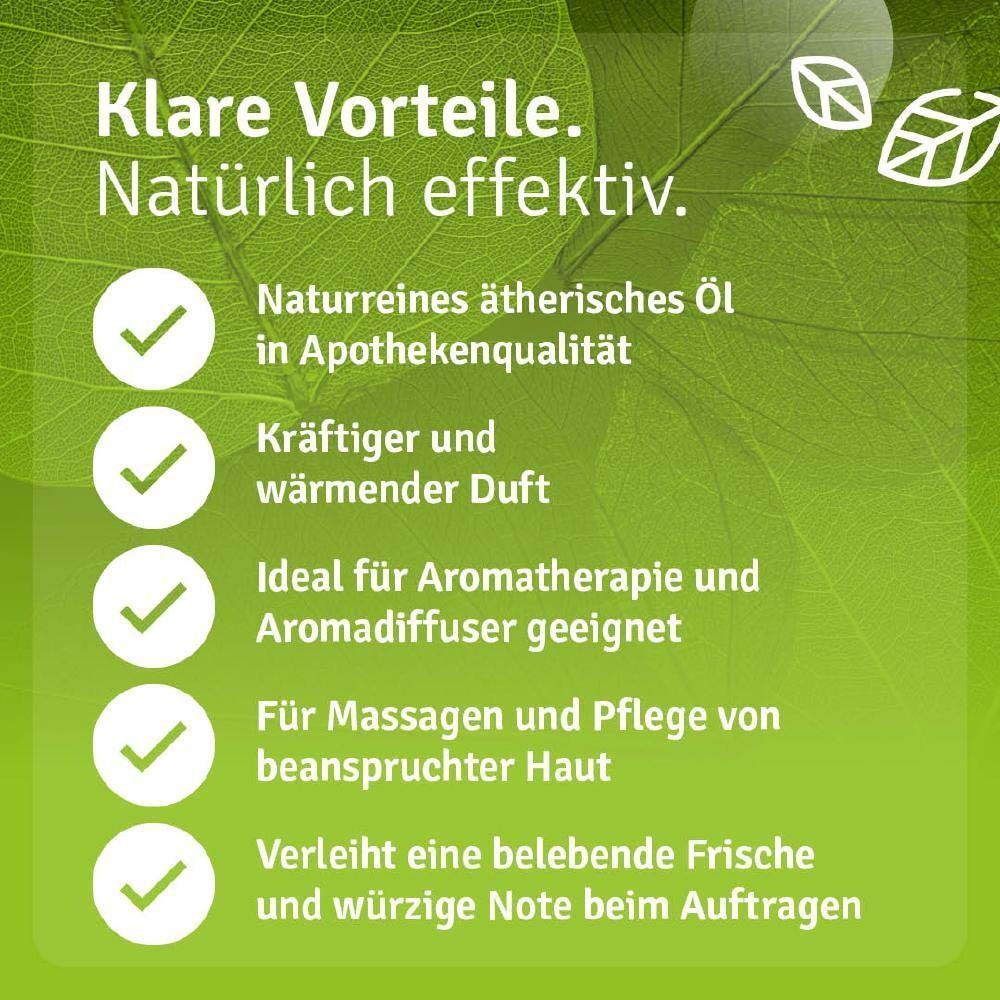 Text: Naturreines ätherisches Öl in Apothekenqualität. Vorteile: Kräftiger und wärmender Duft, Aromatherapie.