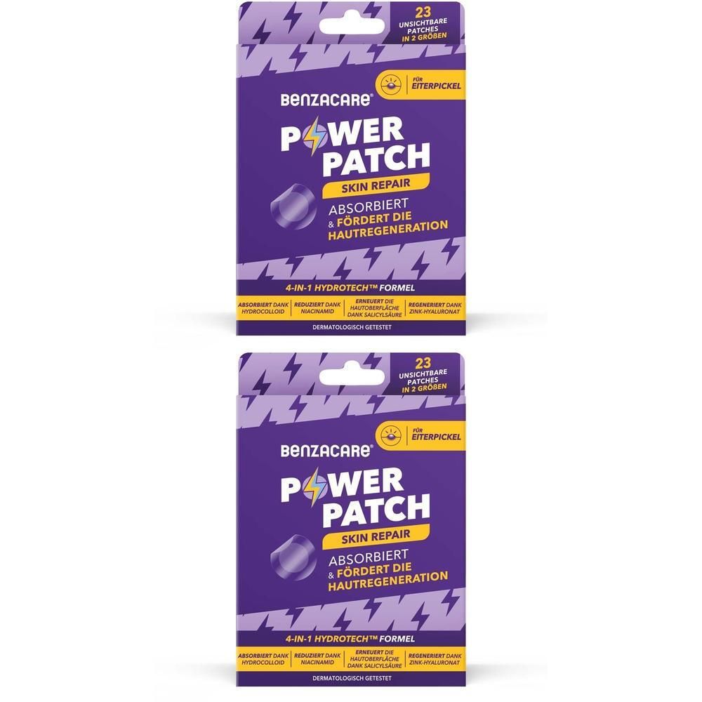 Zwei Packungen Benzacare Power Patch. Lila Verpackung mit Produktnamen und 23 Patches. Dermatologisch getestet.