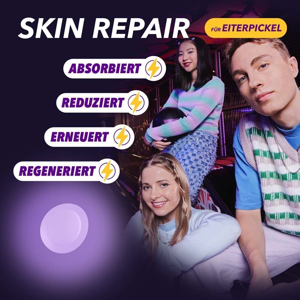 Skin Repair-Werbung. Drei Personen, ein Patch. Text: Absorbiert, Reduziert, Erneuert, Regeneriert. Lila Hintergrund.