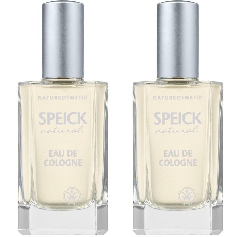 Zwei rechteckige Flakons mit silbernen Verschlüssen. Aufschrift: SPEICK natural Eau de Cologne. Naturkosmetik.
