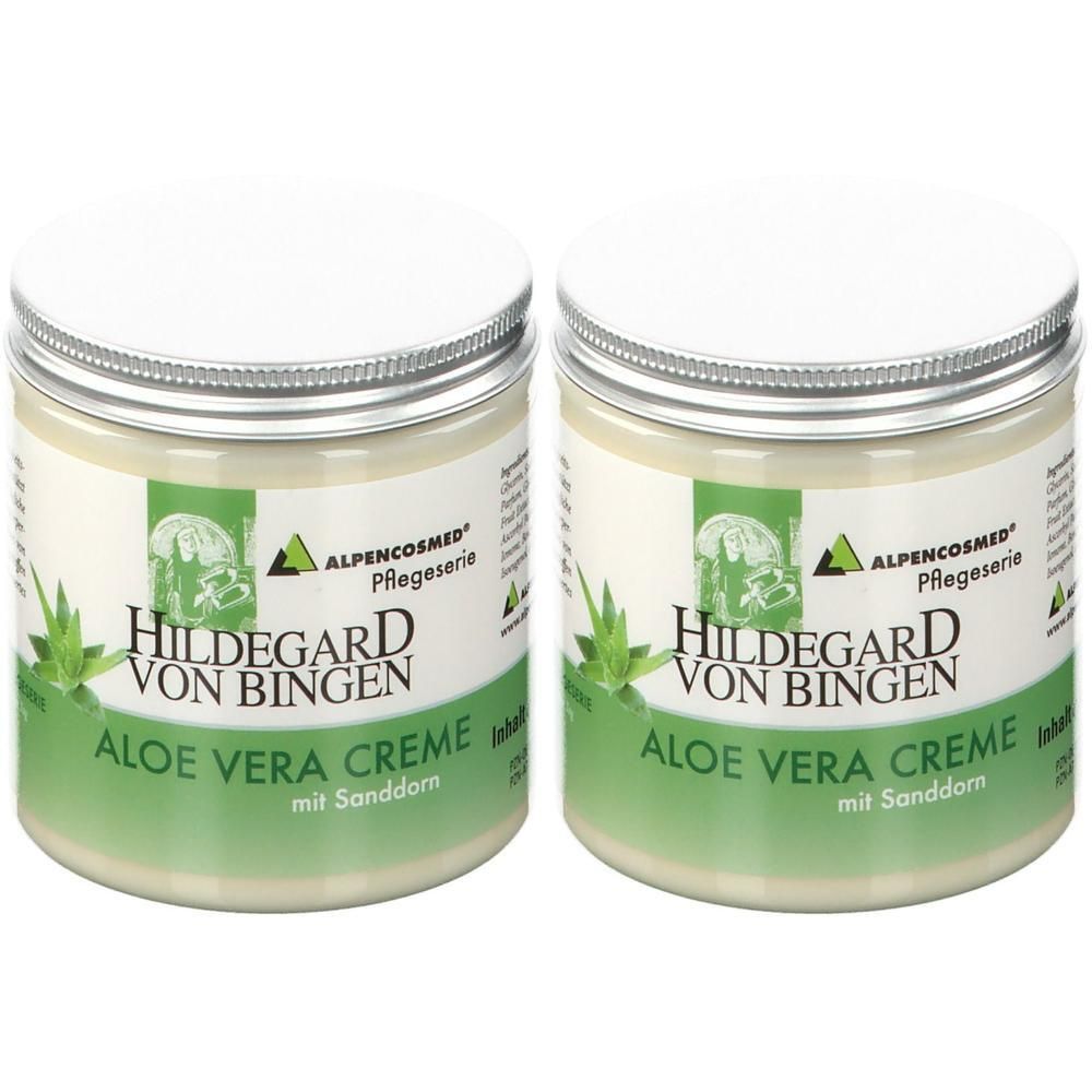 Zwei Cremetiegel mit Deckel. Aufschrift: Hildegard von Bingen Aloe Vera Creme. Grün-weißes Etikett mit Logo und Text.