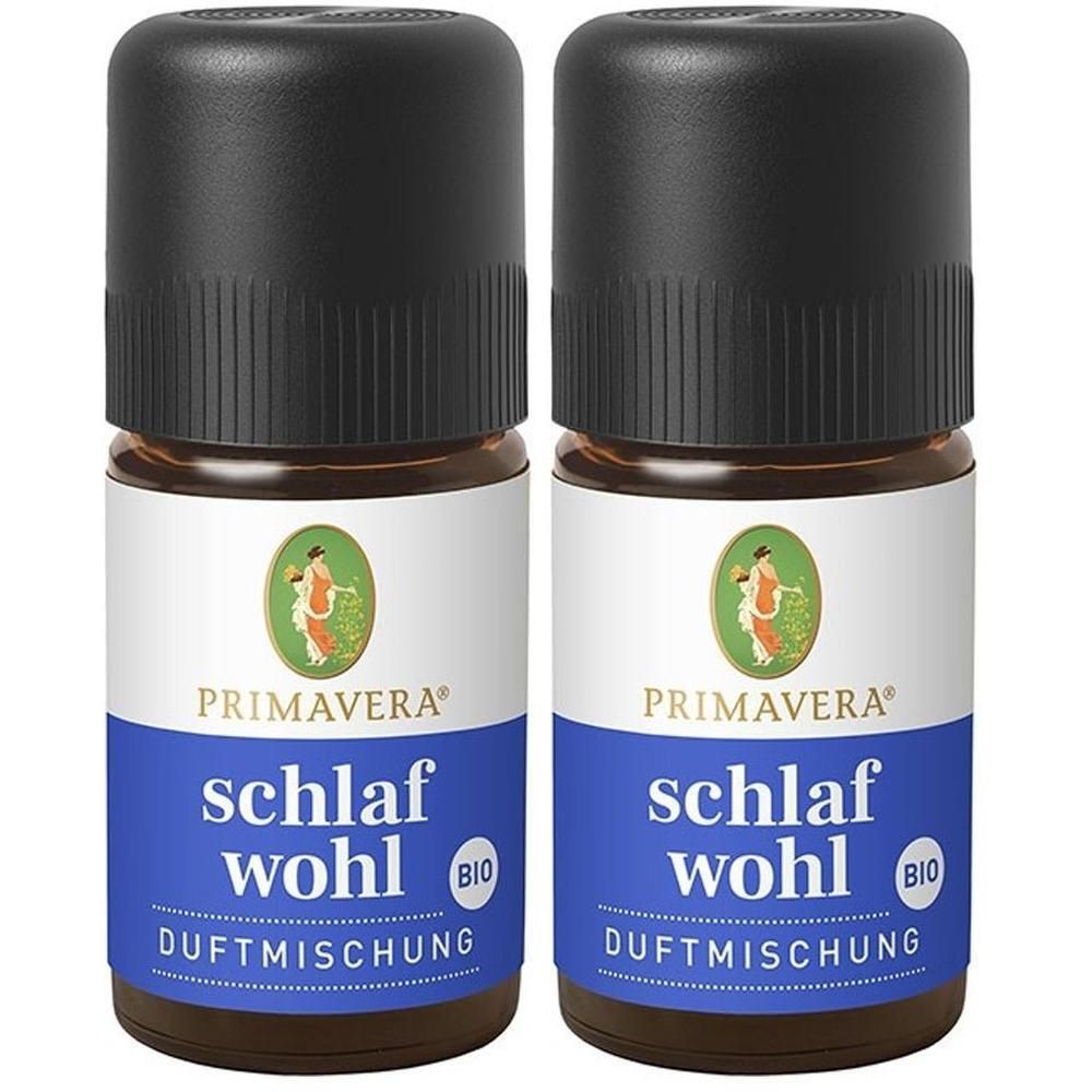 Zwei braune Glasflaschen mit schwarzem Deckel. Aufschrift: PRIMAVERA, Schlaf Wohl, Duftmischung. BIO-Siegel.
