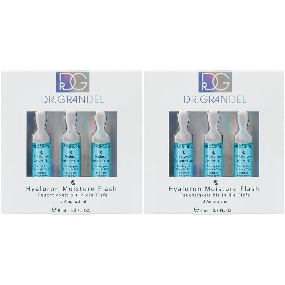 Zwei Schachteln mit je drei Ampullen. Aufschrift: DR. GRANDEL, Hyaluron Moisture Flash. Blaue Flüssigkeit in Glasampullen, verpackt in weißen Kartons.
