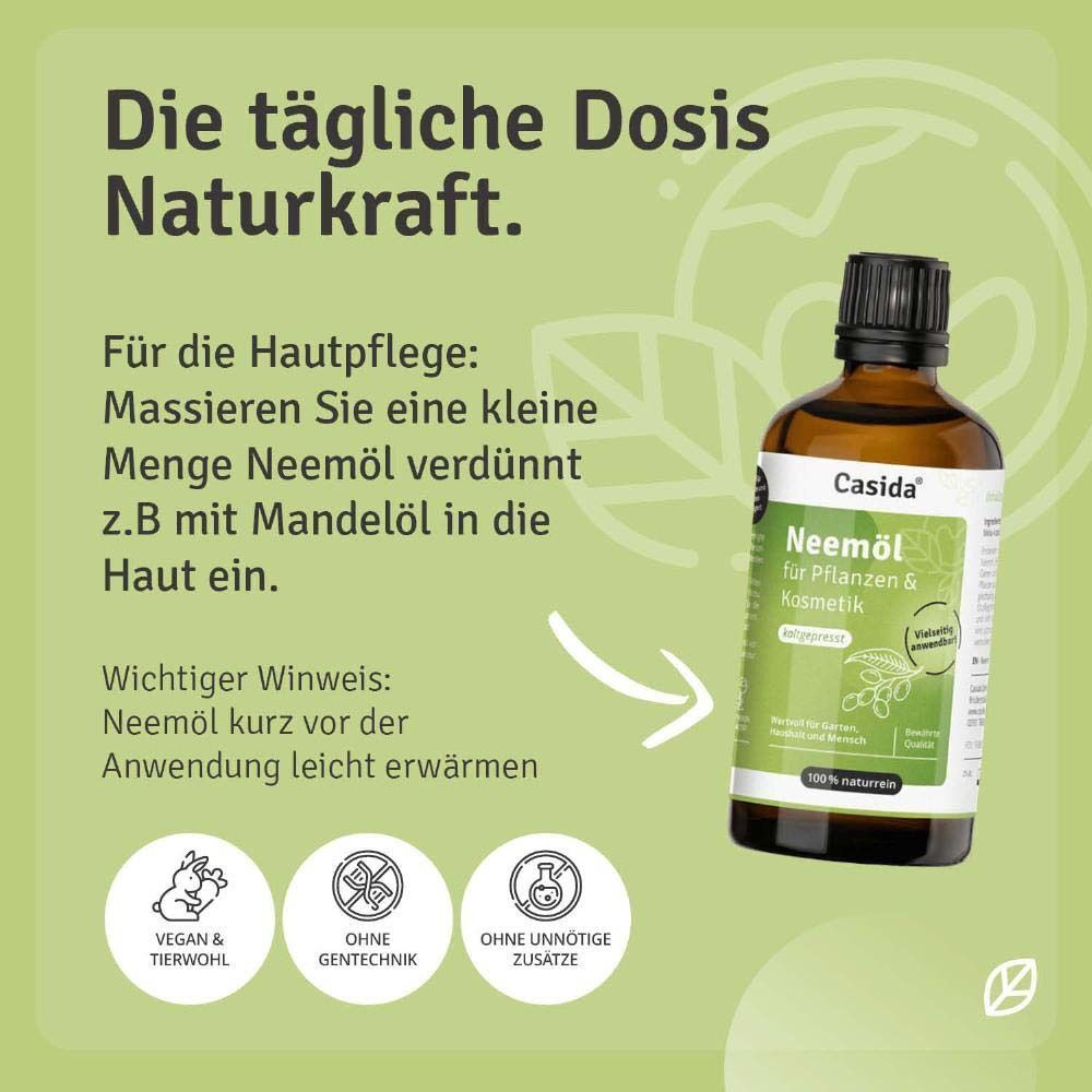 Casida Neemöl Flasche neben Text über tägliche Dosis Naturkraft und Hautpflege.