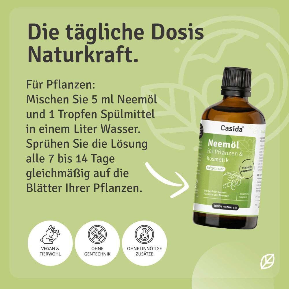 Casida® Neemöl Flasche neben Text zur täglichen Dosis Naturkraft für Pflanzen.