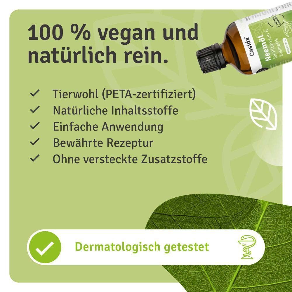 Casida® Neemöl Flasche, 100% vegan und natürlich rein, dermatologisch getestet.