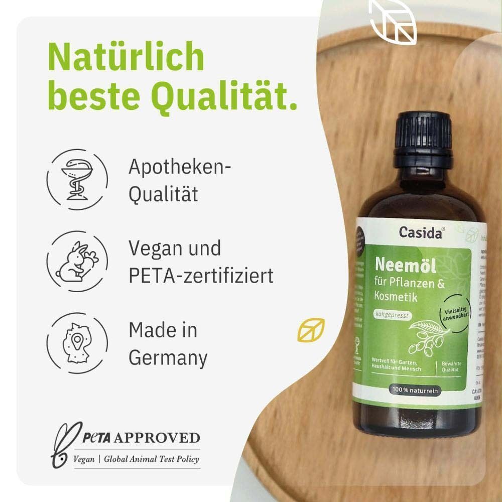 Casida Neemöl Flasche mit Siegeln: Apotheken-Qualität, Vegan, Made in Germany, PETA Approved.