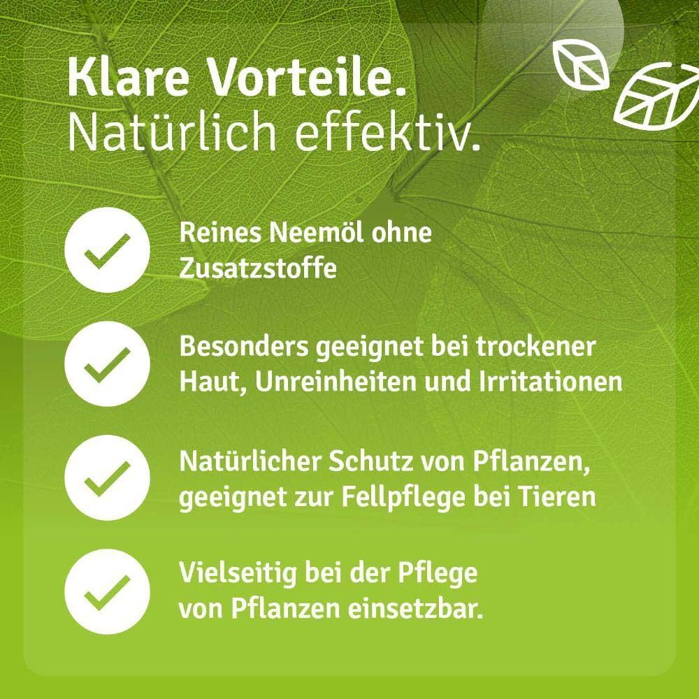 Vorteile von reinem Neemöl: Geeignet für trockene Haut, Unreinheiten, Irritationen und Pflanzenpflege.