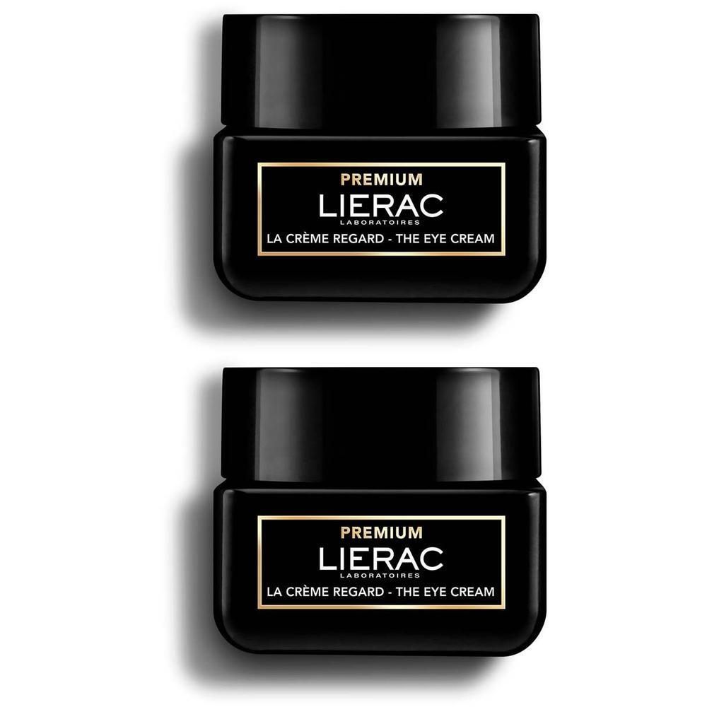 Zwei schwarze Tiegel mit Deckel. Aufschrift: PREMIUM, LIERAC, LA CRÈME REGARD - THE EYE CREAM.