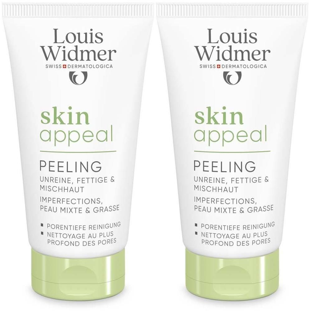 Zwei Tuben Louis Widmer skin appeal Peeling. Weiß, mit grüner Schrift und Verschluss. Text: Peeling, für unreine Haut.