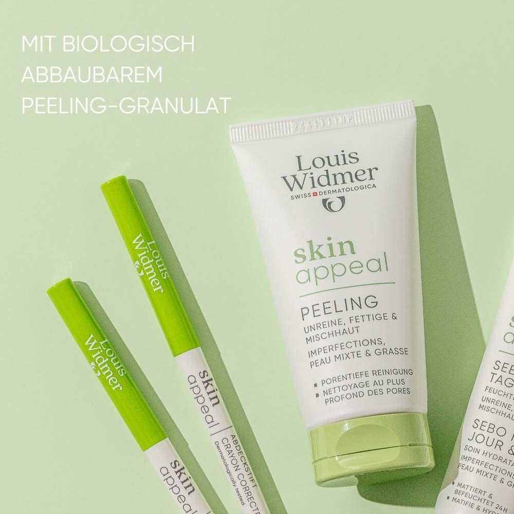 Tube Louis Widmer skin appeal Peeling, weiß mit grüner Schrift. Daneben drei grüne Stifte mit Text. Text: Mit biologisch abbaubarem Peeling-Granulat.