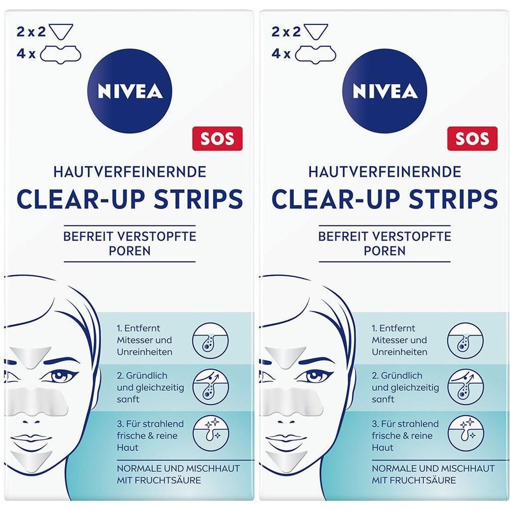 Zwei Packungen NIVEA Clear-Up Strips. Weiße Verpackung mit Produktname und Logo. Enthält Streifen zur Reinigung der Haut.