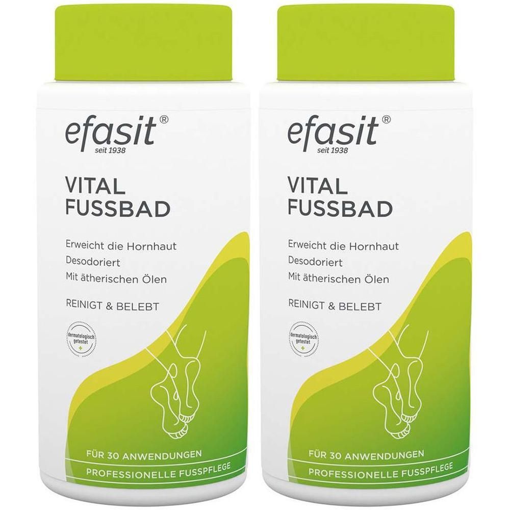 Zwei Flaschen efasit® Vital Fußbad. Weiße Flaschen mit grünem Deckel und Etikett. Text: Vital Fußbad, reinigt & belebt.