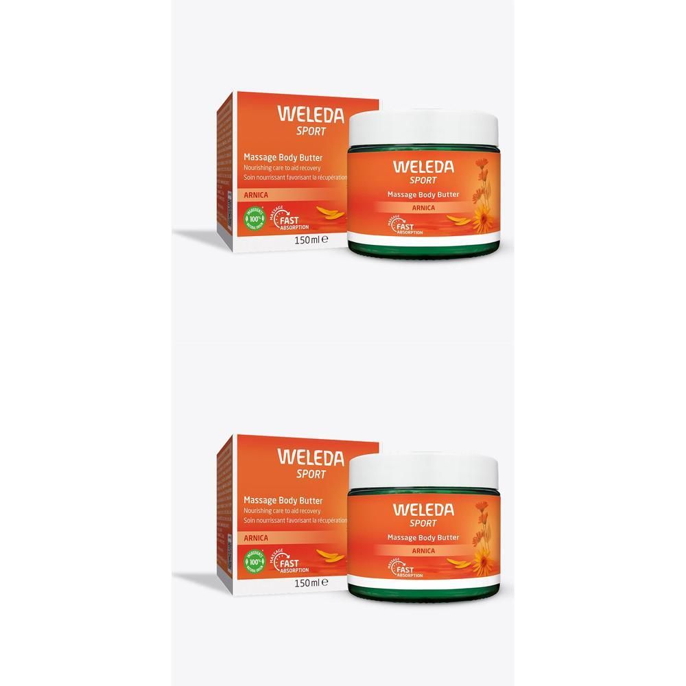 Zwei Dosen und Verpackungen von WELEDA Sport Massage Body Butter. Orangefarbene Etiketten, grüne Deckel, weiße Schrift.