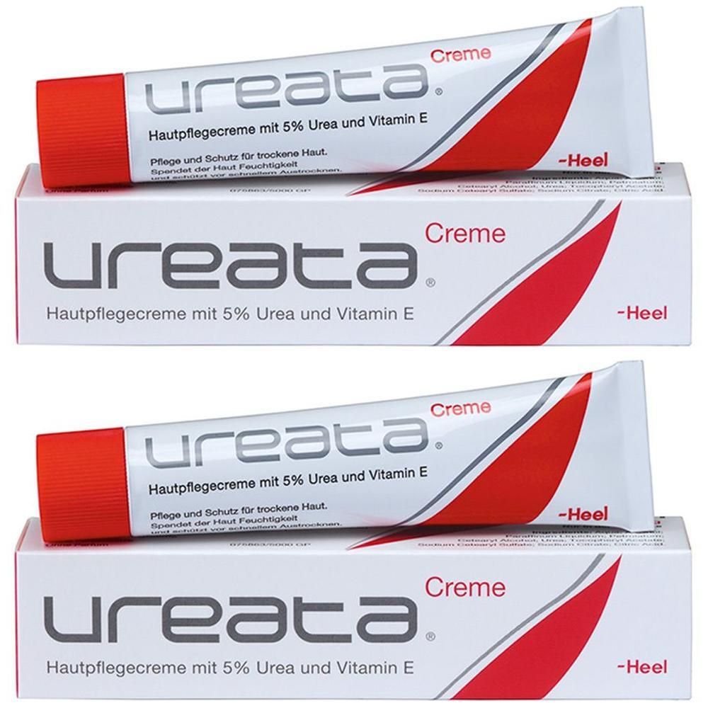 Zwei Tuben und Schachteln von Ureata Creme. Die Tube ist weiß mit roter Kappe und rotem Design. Aufschrift: Hautpflegecreme mit 5% Urea und Vitamin E.