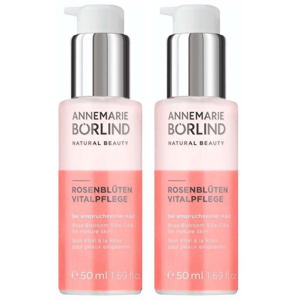 Zwei Pumpflaschen ANNEMARIE BÖRLIND Rosenblüten Vitalpflege, je 50 ml.