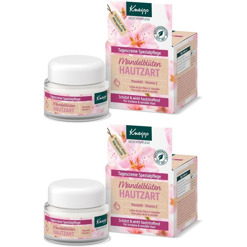 Zwei Tiegel und zwei Kartons. Auf den Kartons steht: Tagescreme Spezialpflege Mandelblüten Hautzart. Marke: Kneipp. Mit Mandelöl und Vitamin E.