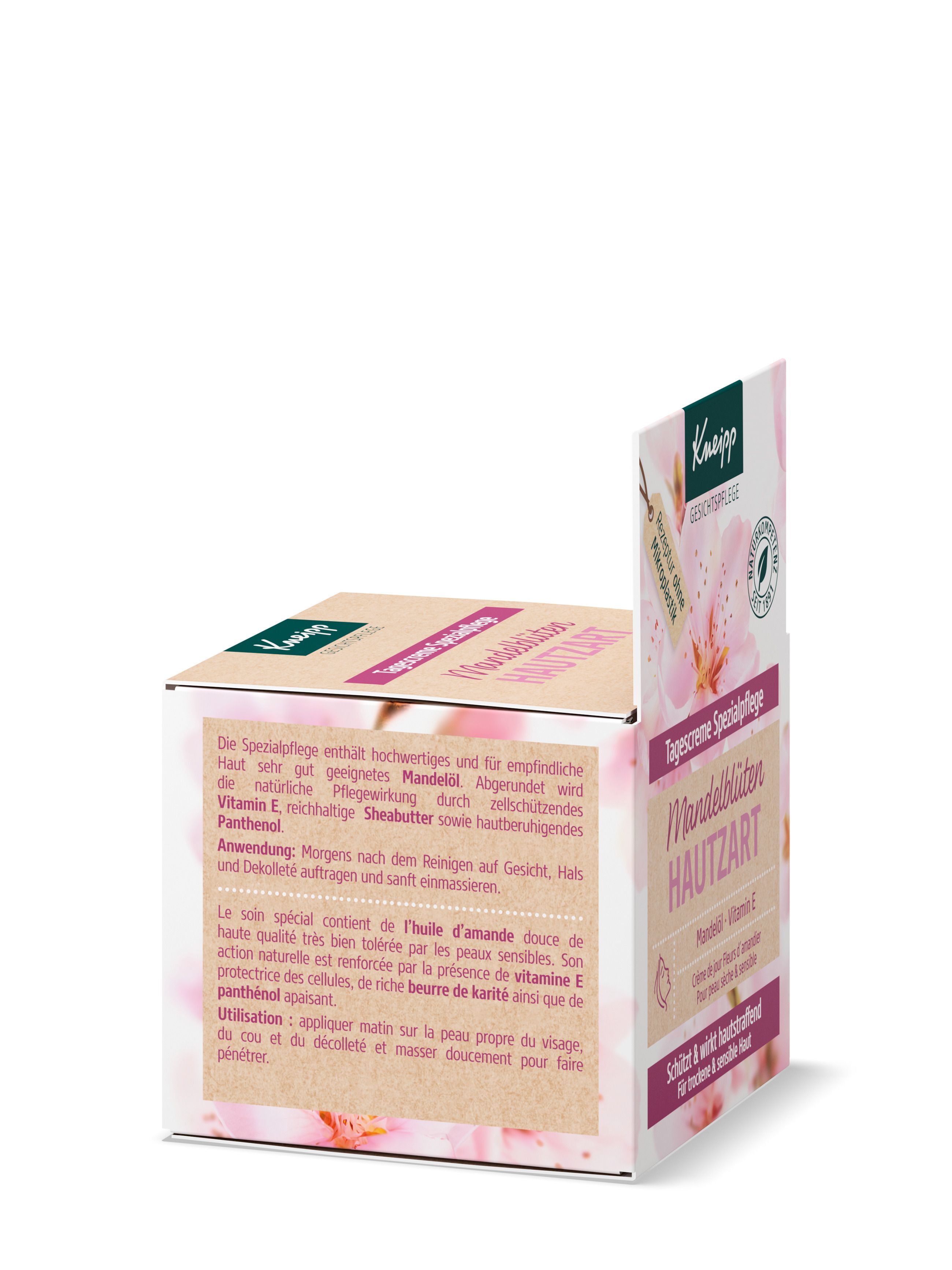 Produktverpackung. Auf der Seite steht: Tagescreme Spezialpflege Mandelblüten Hautzart. Marke: Kneipp. Mit Mandelöl und Vitamin E. Vegan-Siegel.