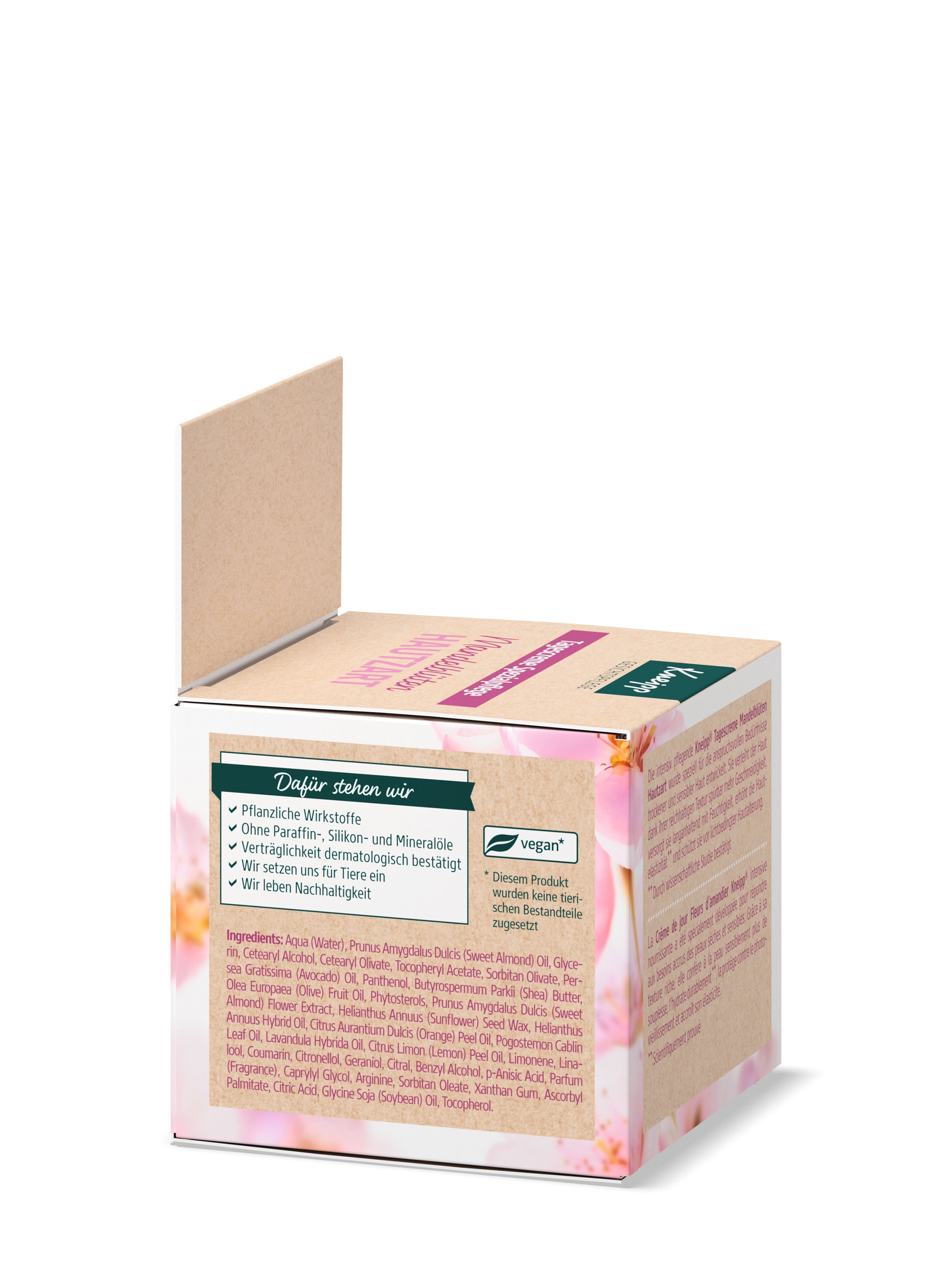 Produktverpackung. Auf der Verpackung steht: Pflanzliche Wirkstoffe, ohne Paraffin, Silikon- und Mineralöle, vegan. Marke: Kneipp. Inhaltsstoffe sind aufgelistet.