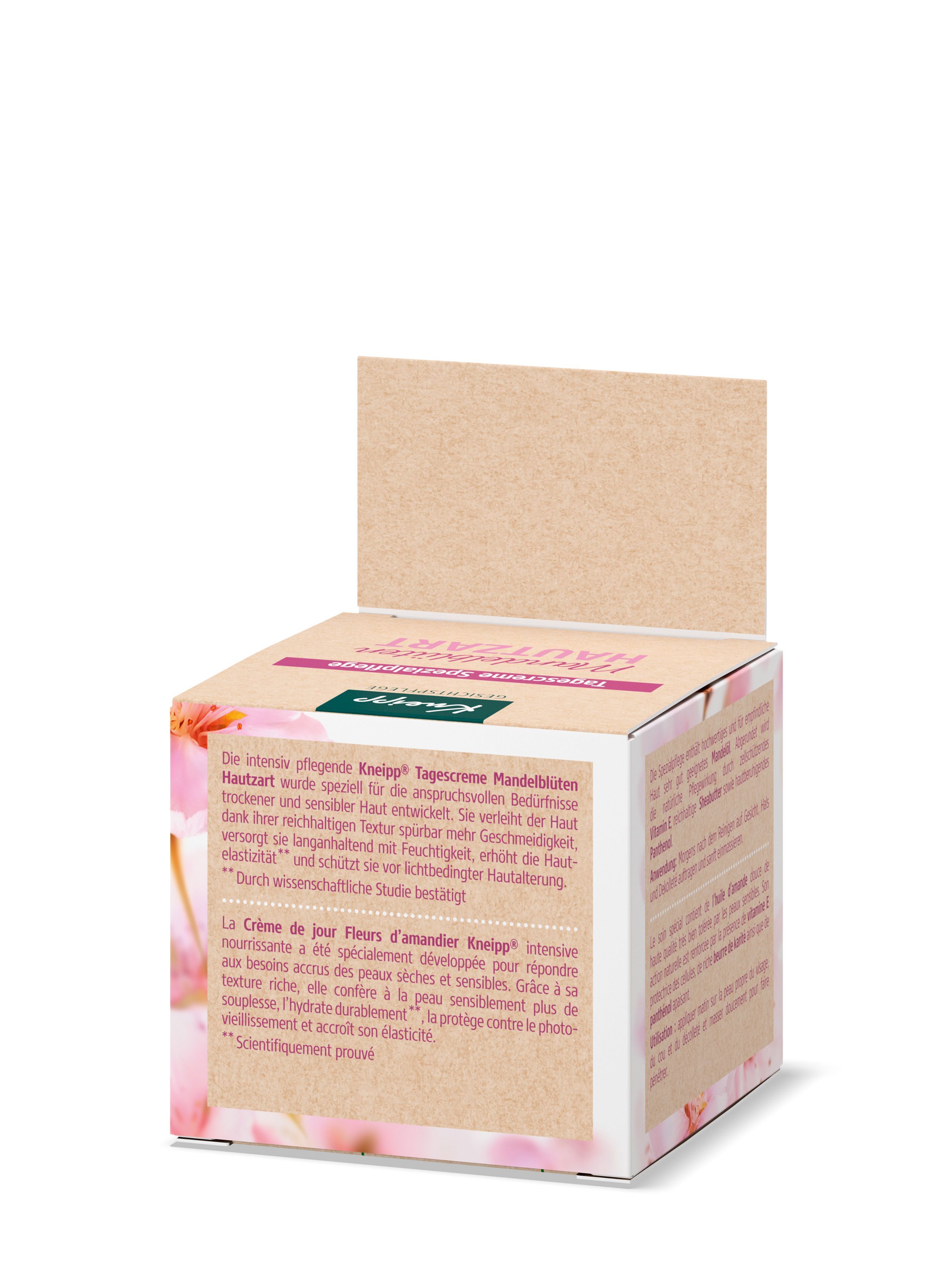 Produktverpackung. Auf der Verpackung steht: Tagescreme Spezialpflege Mandelblüten Hautzart. Marke: Kneipp. Mit Mandelöl und Vitamin E.