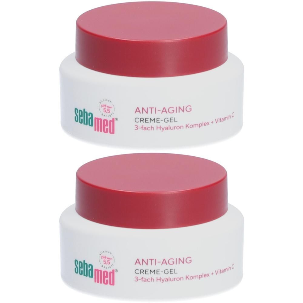 Zwei Cremegläser mit rotem Deckel. Aufschrift: ANTI-AGING CREME-GEL, 3-fach Hyaluron Komplex + Vitamin C. Marke: sebamed.