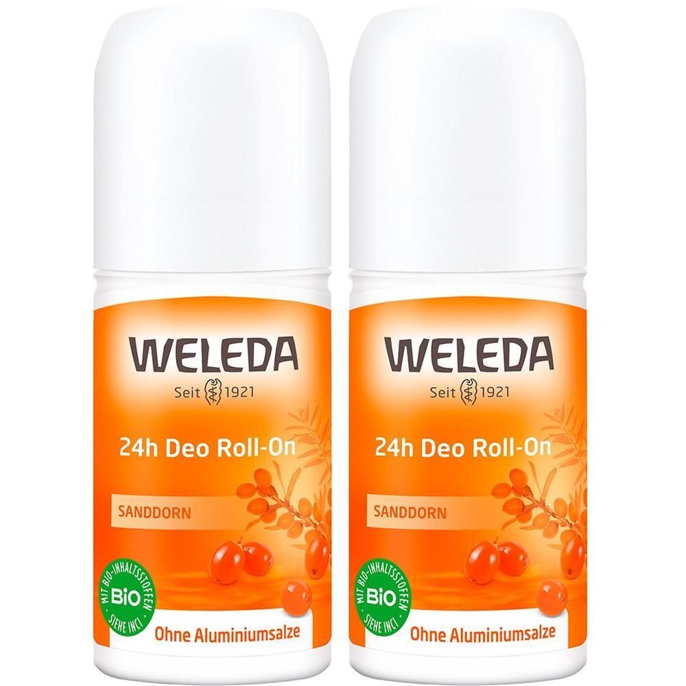 Zwei Roll-On Deodorants. Weißer Deckel, orangefarbene Etiketten mit Text: WELEDA, 24h Deo Roll-On, Sanddorn, Bio-Siegel. Ohne Aluminiumsalze.