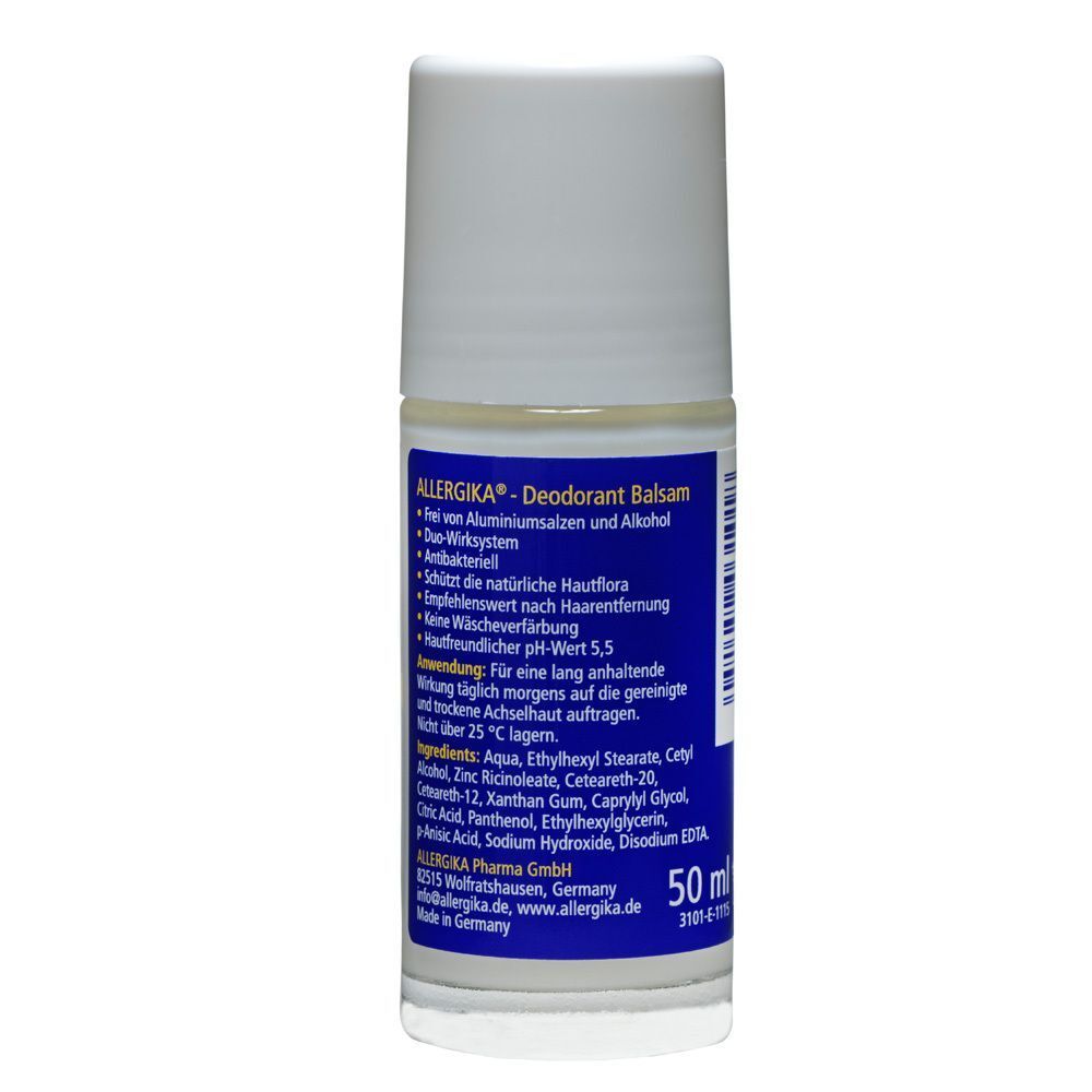 Deodorant-Balsam-Flasche. Rückseite mit blauer Beschriftung. Enthält Informationen zu Inhaltsstoffen und Anwendung. Aufschrift: ALLERGIKA, Deodorant Balsam.