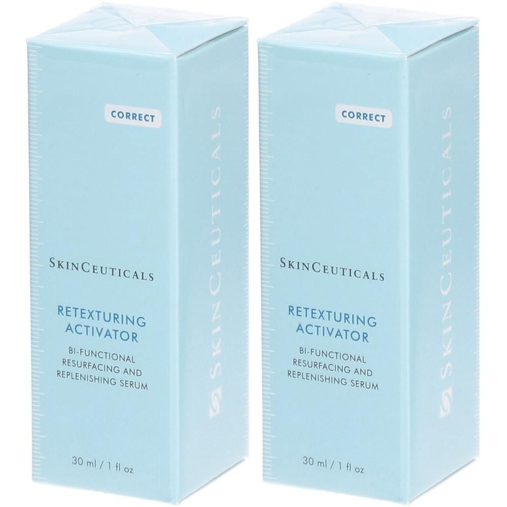 Zwei hellblaue Schachteln mit "Skinceuticals Retexturing Activator"-Aufdruck. Text: "Bi-Functional Resurfacing and Replenishing Serum".