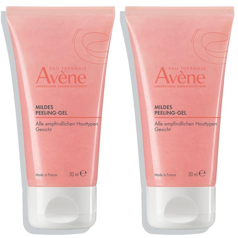 Zwei Tuben Avène Mildes Peeling-Gel. Rosa Tuben mit weißem Verschluss. Produktname und Marke deutlich sichtbar.
