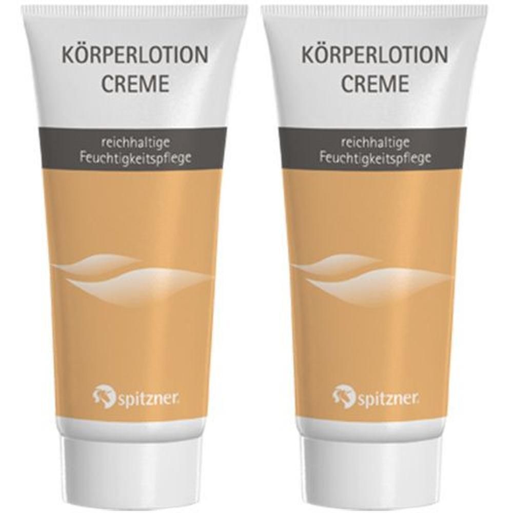 Zwei Tuben Körperlotion Creme. Weißer Deckel, brauner Körper, Schriftzug: KÖRPERLOTION CREME, reichhaltige Feuchtigkeitspflege, Logo Spitzner.
