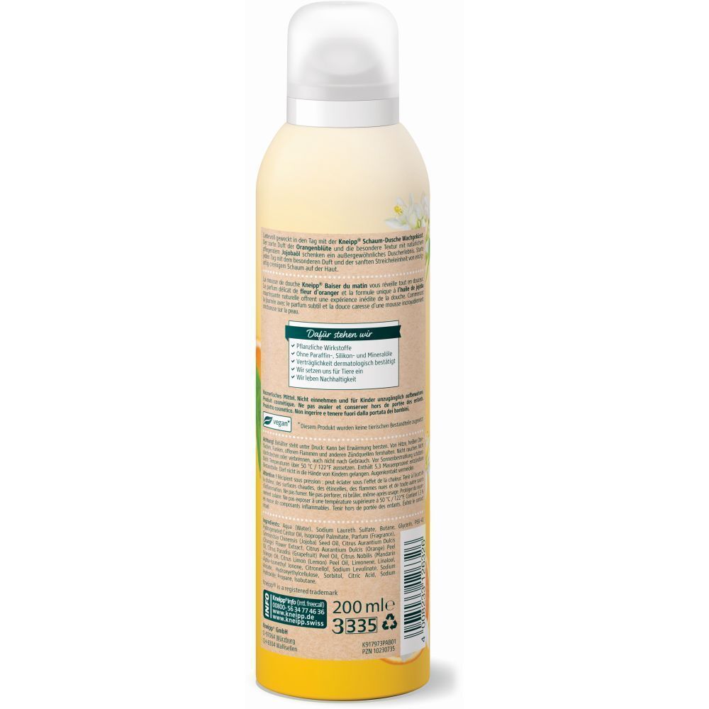 Rückseite einer Kneipp® Schaum-Dusche Wachgeküsst. Gelbe Dose mit weißem Sprühkopf. Text und Logos auf braunem Hintergrund.