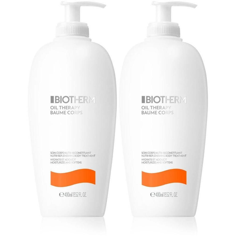 Zwei weiße Flaschen mit Pumpverschluss. Aufschrift: BIOTHERM, OIL THERAPY BAUME CORPS. Orangefarbener Streifen. Text darunter.