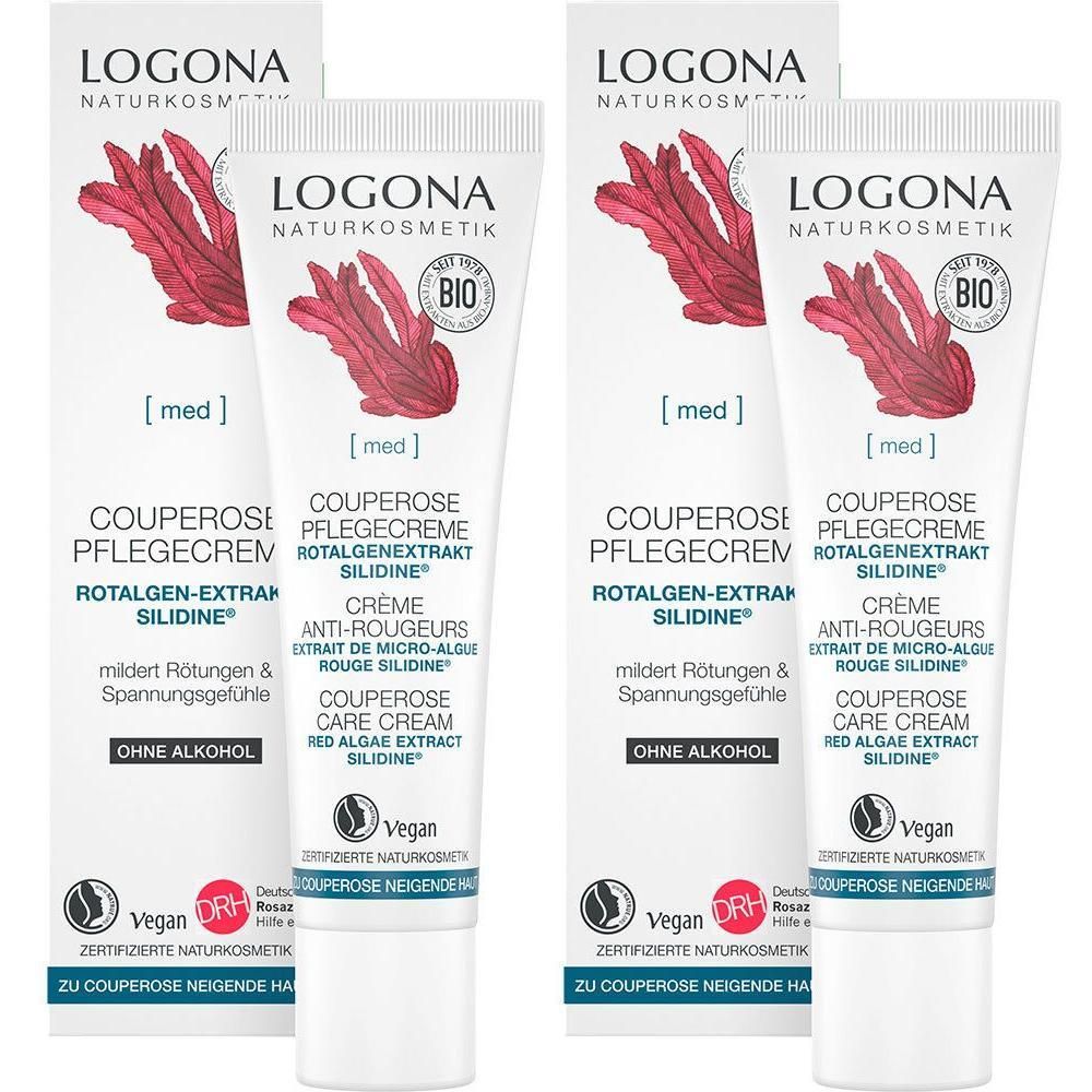 Zwei Tuben und Verpackungen. Aufschrift: LOGONA Naturkosmetik Couperose Pflegecreme. Rotalgen-Extrakt Silidine. Vegan-Siegel.