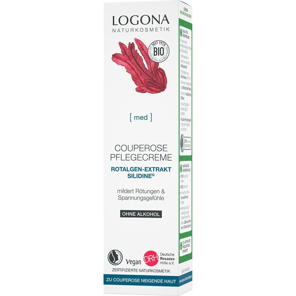 Verpackung mit Tube. Aufschrift: LOGONA Naturkosmetik Couperose Pflegecreme. Rotalgen-Extrakt Silidine. Vegan-Siegel.