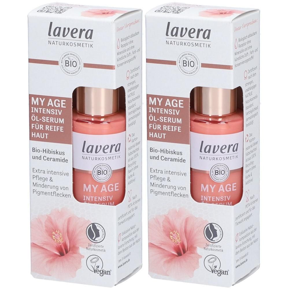 Zwei Flaschen Serum in Kartonverpackung. Aufdrucke: lavera, MY AGE INTENSIV ÖL-SERUM, Bio-Hibiskus und Ceramide. Vegan-Siegel.