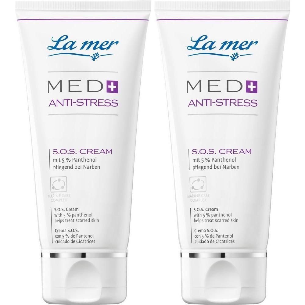 Zwei Tuben La mer MED+ Anti-Stress S.O.S. Cream. Weiße Tuben mit blauer Schrift und Logo. Text: S.O.S. Cream mit 5% Panthenol.