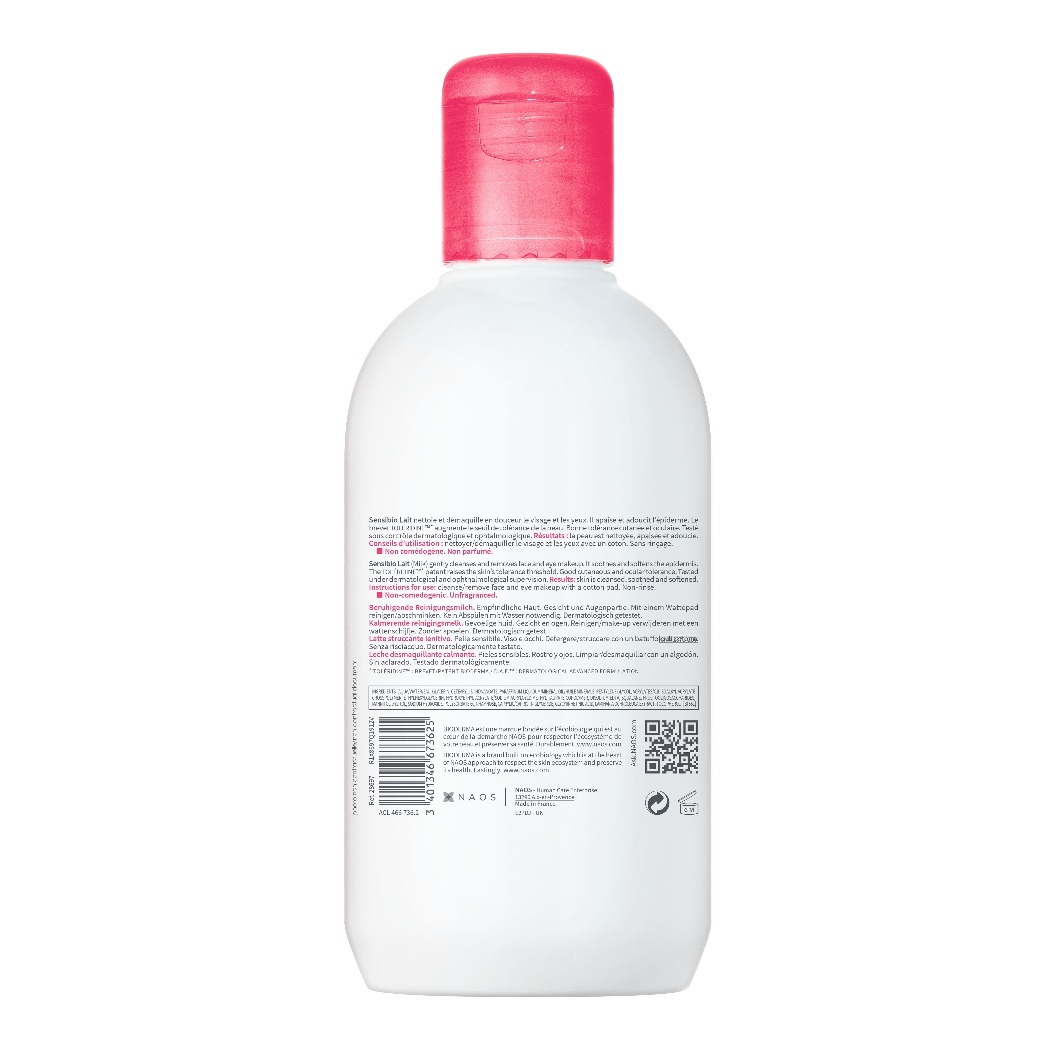 Rückseite einer Flasche Sensibio Lait. Weiße Flasche mit rosa Deckel. Text und QR-Code auf dem Etikett.