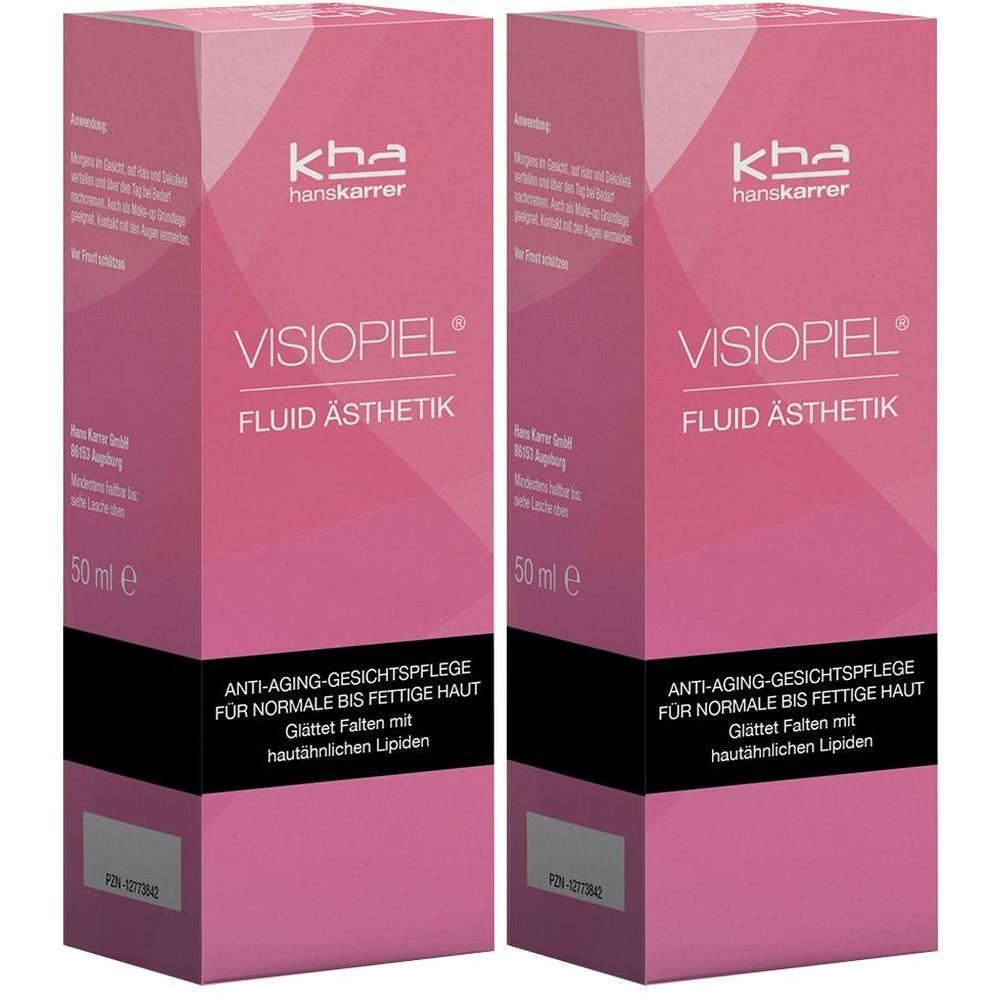 Zwei rosa Schachteln mit Produktnamen VISIOPIEL® FLUID ÄSTHETIK. Text: Anti-Aging-Gesichtspflege für normale bis fettige Haut. 50 ml.