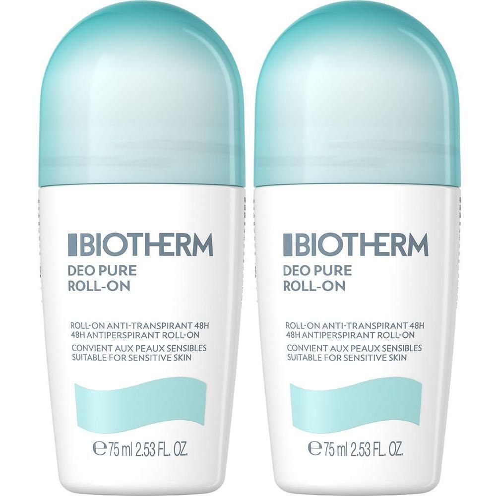 Zwei BIOTHERM Deo Pure Roll-On-Flaschen. Weißes Gehäuse, blauer Deckel. Text: Deo Pure Roll-On, 48h Anti-Transpirant, für empfindliche Haut.