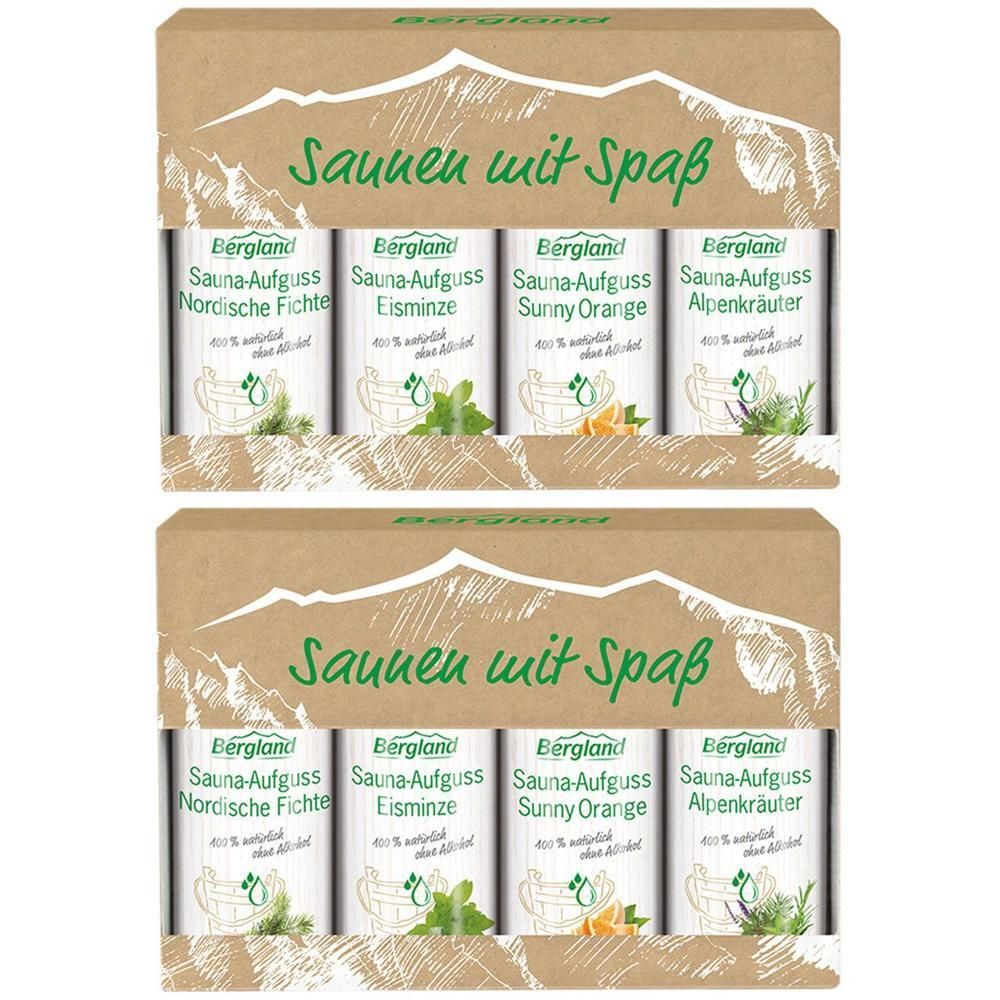 Geschenkbox mit vier Flaschen Sauna-Aufguss. Aufschrift: Saunen mit Spaß. Markenname: Bergland. Aromen: Nordische Fichte, Eisminze, Sunny Orange, Alpenkräuter.